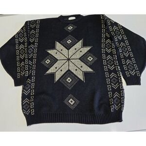 Vintage 80s Ellen D Kollection Black Gold Snowflake Knit Sweater Oversized Med
